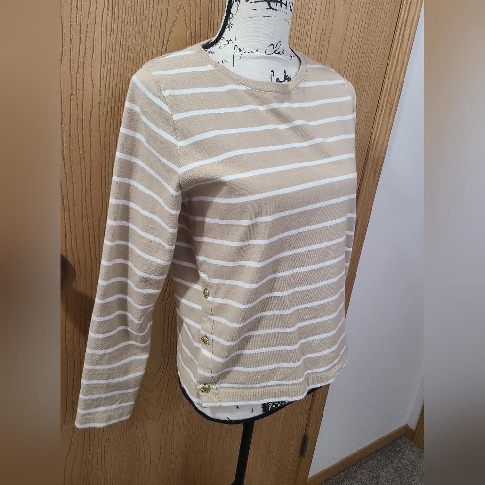J. Crew Tan Striped Gold Button Preppy Old Money Long Sleeved Top - Picture 1 of 5